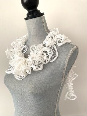 VTG White crochet knit scarf versatile styling Laganlook layering 76" Long